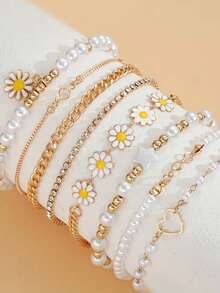 Set de 8 piezas de pulseras bohemias con cuentas y perlas, pulseras con encantos de margaritas creativas para niñas - Multicolor - Ver 2