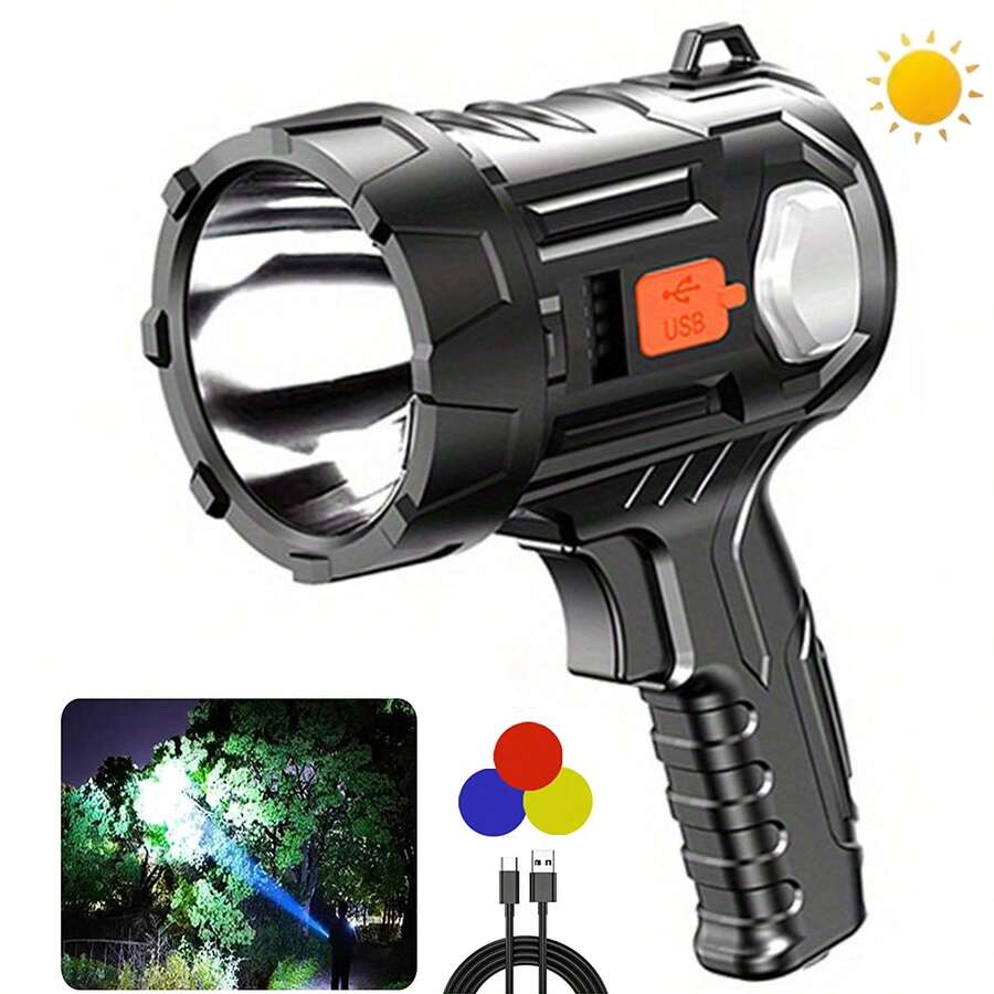 明亮的 1 件 LED 可充电聚光灯 - 6 种模式、三色滤光片、USB 数据线 - 便携式,适合狩猎、露营、划船 - 黑色 - 查看 1