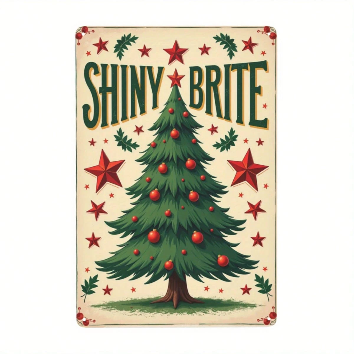1 peça de mural metálico retrô "brilhante" - Impermeável, estilo rústico, com design de árvore de Natal com estrelas vermelhas e espinhos, ideal para cafés, bares ou decoração de casa. Decoração para cafés | Design natalino retrô | Placa de metal durável, decoração de mural metálico, estilos aleatórios, furos pré-perfurados com designs aleatórios.