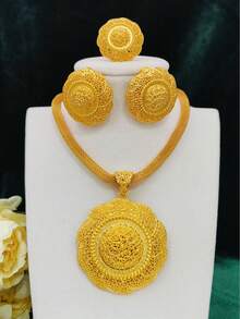 1 Halskette, 1 Ring, 1 Paar Ohrringe Mode Damen Vergoldetes Seil Kreis Anhänger Schmuckset, 3-teilig, geeignet für saudische, nahöstliche, Dubaiische, europäische und amerikanische Bräute, Hochzeiten, Partys, Dates, Kleider, Weihnachten, Neujahr, Valentinstag, Halloween Feiertage, täglichen Gebrauch, Geschenk für Mutter, Freundin, Schwester