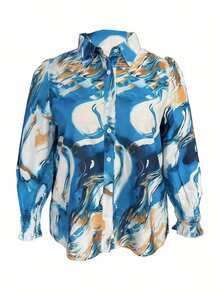 Flowy Watercolor Button Up Shirt Designed For Curves - Blue - View 3