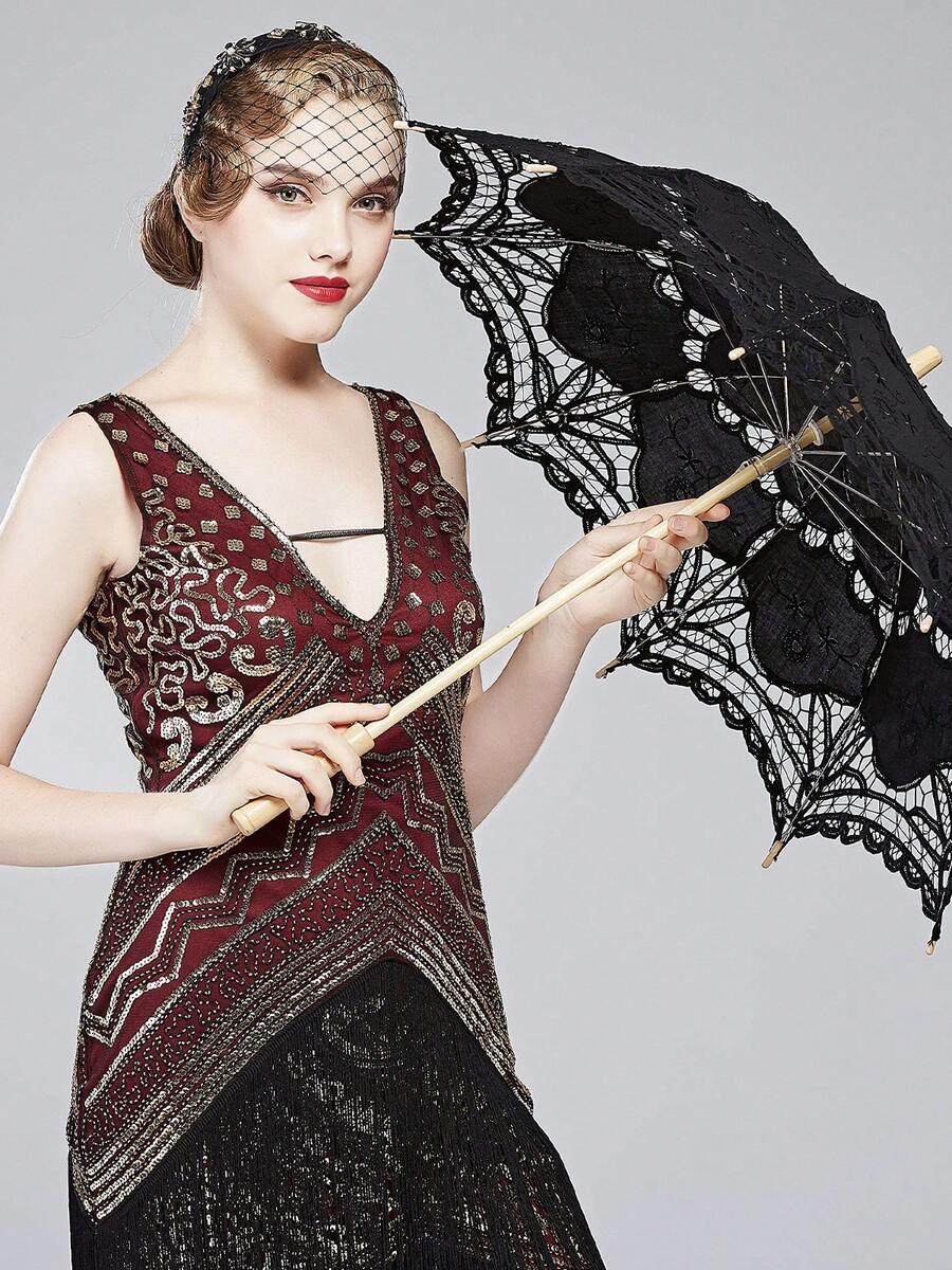 BABEYOND Lace Umbrella Parasol Vintage Wedding Bridal Umbrella For Decoration Photo Lady Costume 1920s Party (Black) - màu đen - Xem 1