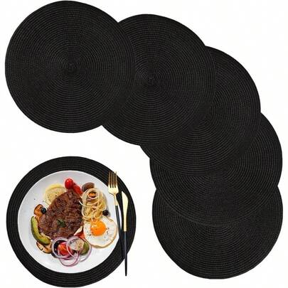Round Braided Placemats Set Of 6, 12.6 Inch Small Circle Place Mats Washable Heat Resistant Table Mats Black