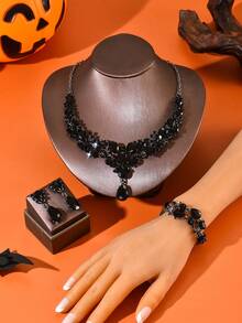 Bộ trang sức 3/4 món phong cách Gothic màu đen gồm mặt dây chuyền, bông tai và vòng tay dành cho nữ, thích hợp cho tiệc Halloween, phong cách đường phố, làm quà tặng hoặc đeo hàng ngày. - đen - Xem 3