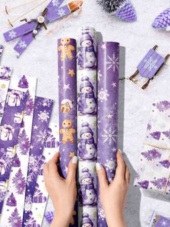 12pcs/Set, Purple Christmas Gift Decoration Paper, Holiday Gift Box Paper, Snowflake Snowman Decoration Packaging Paper Christmas Christmas Decorations Christmas Pajamas Christmas Gifts Christmas Decor