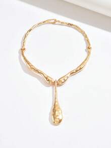 1 件不对称几何金属光泽拼接大泪珠吊坠项链，百搭，适合女性日常佩戴、节日、派对和各种场合 - 金黃色 - 查看 3