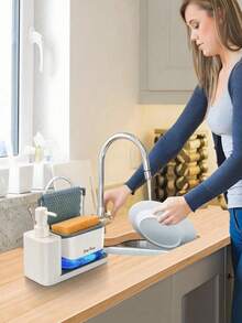 1 Set Handmade Soap Dispenser Kit, Includes Tray, Double-Layer Soap Dispenser, Sponge Holder And Dish Rack, Suitable For Kitchen Sink Countertop Storage, Practical Kitchen Tool, Home & Bathroom Decor, Autumn Decoration, Back To School Essential - Multicolor - View 2