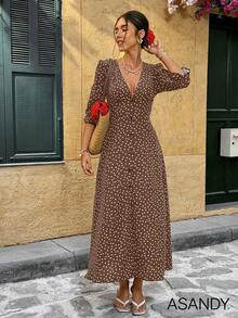 Women's Deep V-Neck Polka Dot Mid-Sleeve Button Front Casual Dress Elegant Summer - Coffee - View 6