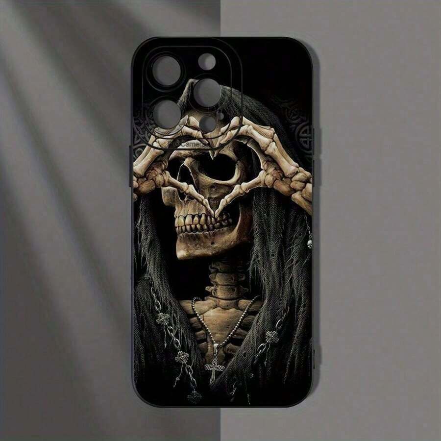 Teléfono con patrón de calavera, cubierta protectora de teléfono anticaída, protector de teléfono a prueba de golpes Compatible con teléfonos de la serie 16 15 14 13 12 11 - Negro - Ver 1