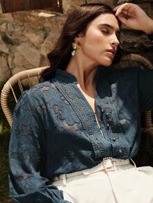 Anewsta Áo cánh tay dài cổ đứng họa tiết hoa jacquard thanh lịch cỡ lớn cho nữ, trang phục đi nghỉ và năm mới - Xem 4