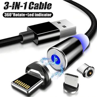 三合一磁性编织尼龙数据线，快速充电 USB 数据线（包含 Type-C + Lightning + Micro USBPhone 17 16 15 14 13 12 小米 / 华为 / 通用