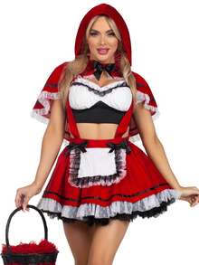 Awevudst Womens Women's Gothic Red Riding Hood Costume Halloween Costume For Adult Red Hooded Cape + Bows Lace Ruffled Trim Short Sleeve Tube Tops + Suspender Dress 3Piece Set - Đỏ - Xem 2