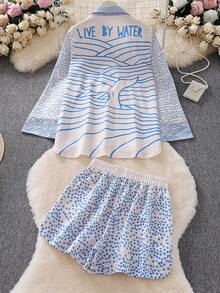 Ocean-Style Printed Shirt Set, Casual And Versatile Deep V-Neck And Long Sleeves, Perfect For Beach Vacations And Fashion Spring - Blue - View 3
