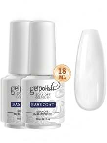 2瓶18毫升免擦洗凝胶底油和面油套装，光泽持久，适用于家庭美甲沙龙DIY，需配合UV/LED灯使用。1/2/3瓶装，包含免擦洗底油、哑光面油和面油。