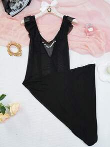 1pc Sexy Mesh Sheer Lingerie Slip Dress With Pearl Decor, Suitable For Sleepwear And Intimate Apparel