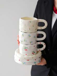 1 Set Floral Ceramic Coffee Cup & Saucer Set, Large Capacity Hand-Painted Ceramic Cup With Coaster, Heart/Flower Pattern, Vintage Style Coffee/Afternoon Tea Dinnerware, Suitable For Spring Brunch, Country Gathering, Women, Commercial Use, And Gifting - Multicolor - View 3