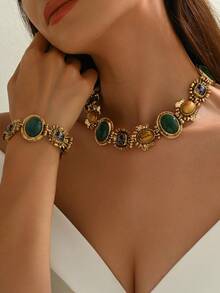 1 套 2 件复洛克风格树脂项链和手链套装，奢华几何金色首饰套装，适合女性日常、派对、活动佩戴（宝石颜色和位置随机） - 金色 - 查看 2