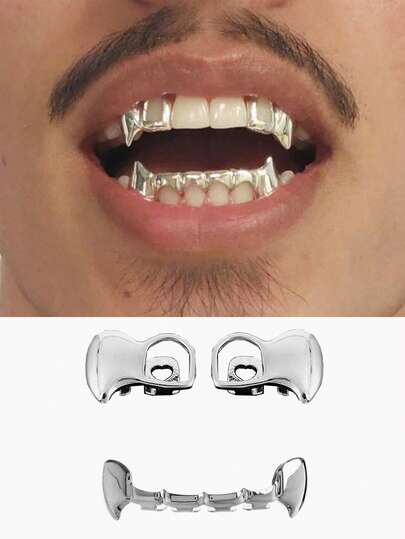 1 Set Single Side Hollow Fang Combination Bottom 6-Tooth Fangs Metal Hip Hop Tooth Jewelry, Suitable For Halloween, Holidays, Unisex