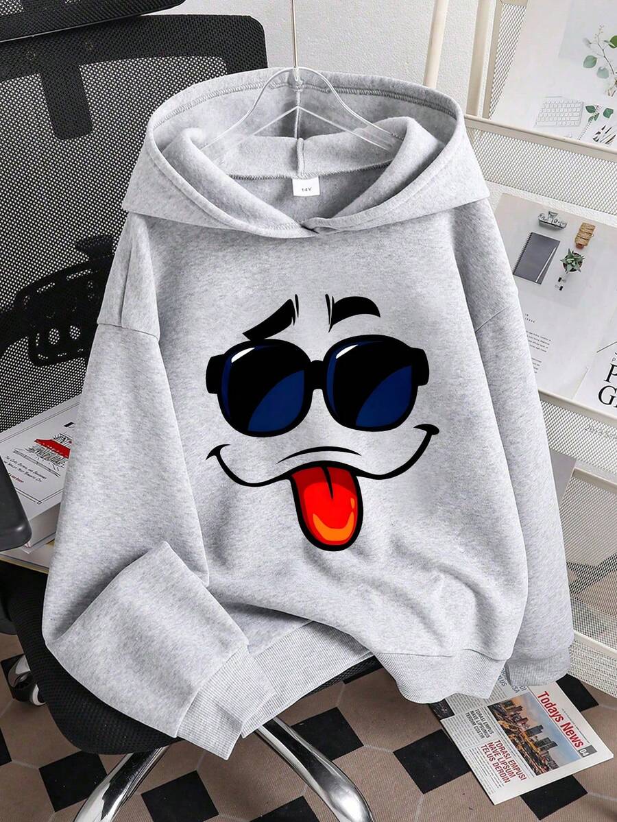Tween Boy Cartoon Graphic Print Hooded Warm Sweatshirt - Grey - View 1