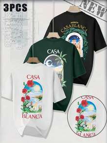 Kit Of 3 Men's T-Shirts 100% Cotton Casual Style, Casual Shirts, Printed Graphic Front/Back, Minimalist Designs, Casa Blanca, Landscape, Plants - Trắng/Đen/Xanh lá cây - Xem 1