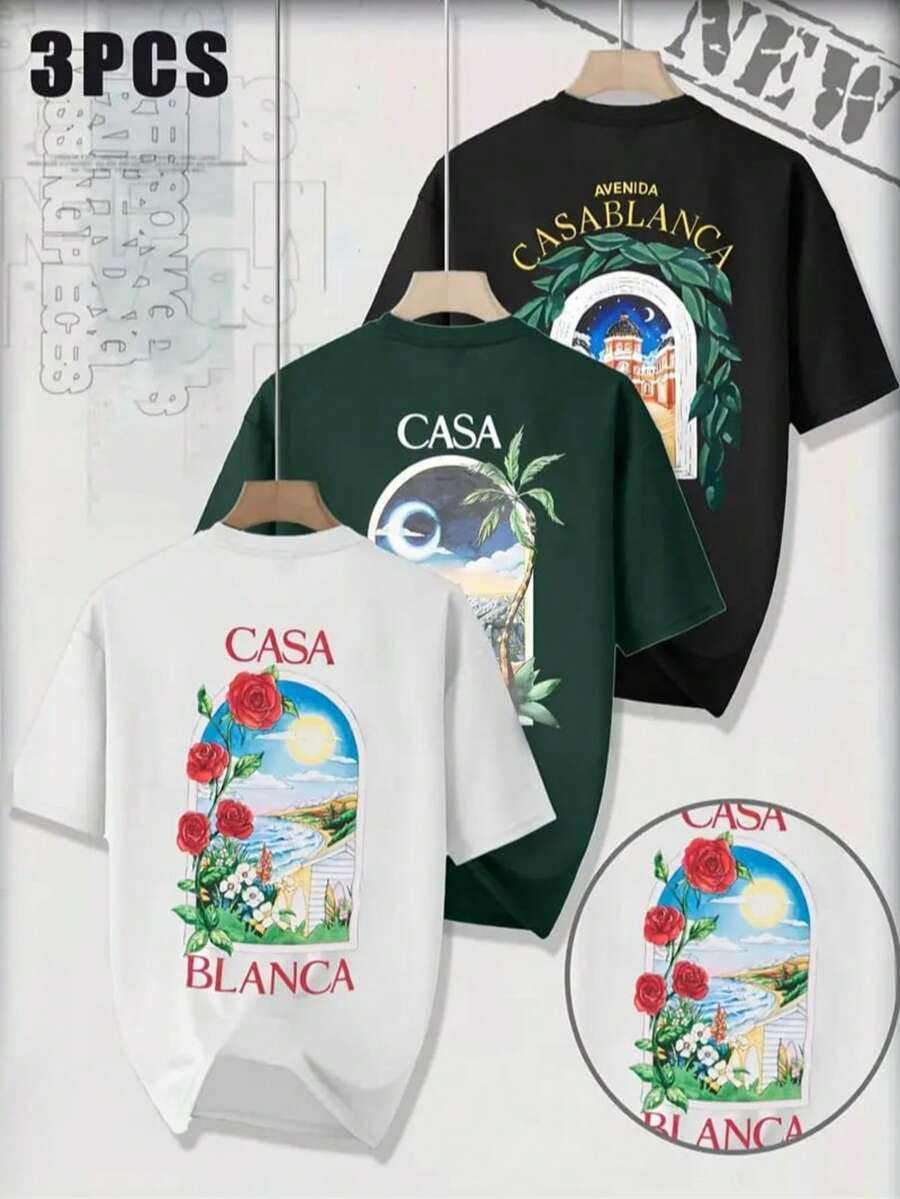 Kit Of 3 Men's T-Shirts 100% Cotton Casual Style, Casual Shirts, Printed Graphic Front/Back, Minimalist Designs, Casa Blanca, Landscape, Plants - Trắng/Đen/Xanh lá cây - Xem 1