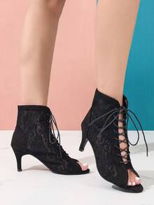 女式中跟镂空网眼优雅舞蹈踝靴，罗马风格镂空系带靴，黑色优雅镂空系带靴 - 黑色 - 查看 3