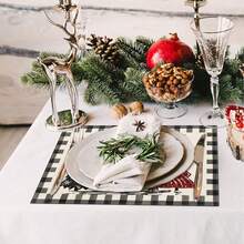 1pc/4pcs Christmas Theme Placemats, Black & White Buffalo Plaid Christmas Tree Placemat Set, Minimalist Faux Linen Rectangular Heat-Resistant Tableware Mat, Suitable For Holiday Gatherings And Parties, Seasonal Christmas Party Kitchen & Dining Decor, 12*18 Inches - Black and White - View 4