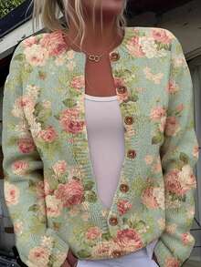 Women's Floral Print Cardigan Fashion Button Front Sweater With Round Neck Valentine's Day Clothes - Multicolor - View 1