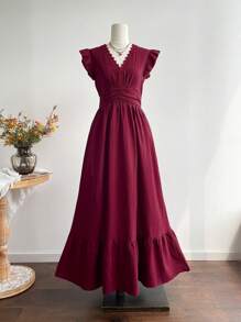 Rusttydustty Women's V-Neck Patchwork Lace Lace And Ruffle Fly Sleeves, Pleated Waist Cinching Dress,Cyber Monday Christmas Halloween New Year's Wear Party