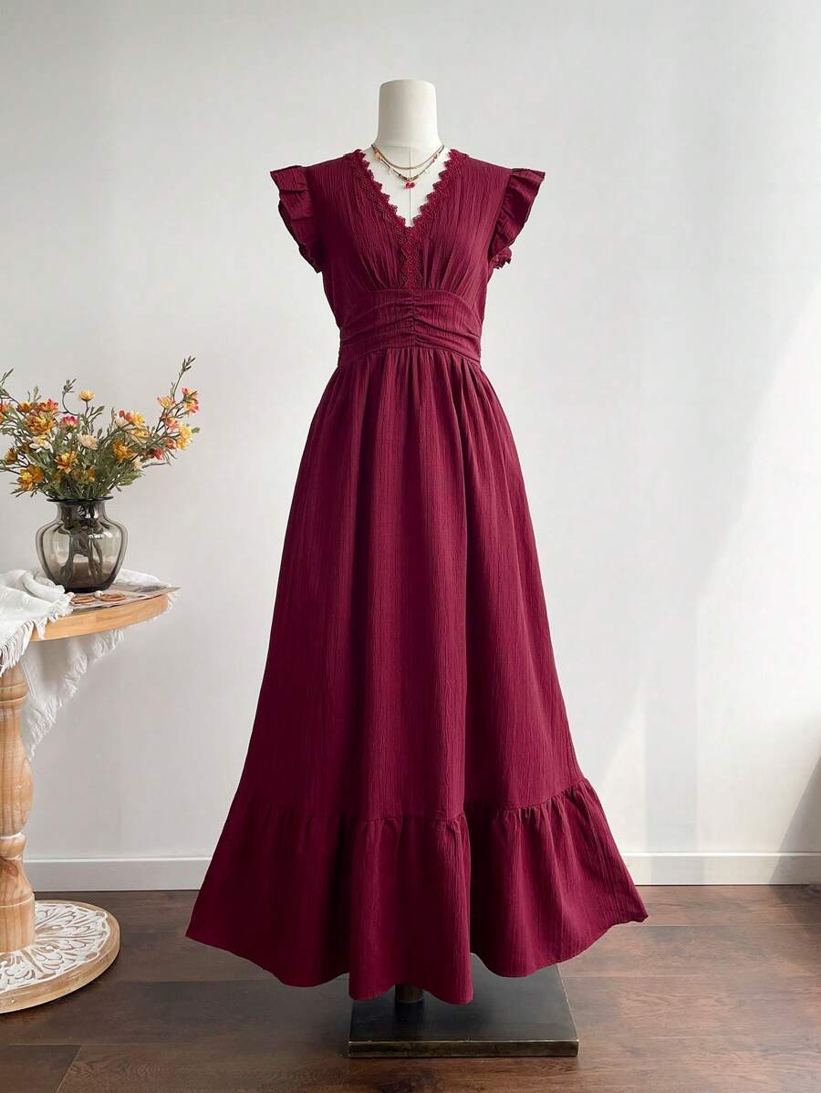 Rusttydustty Women's V-Neck Patchwork Lace Lace And Ruffle Fly Sleeves, Pleated Waist Cinching Dress,Cyber Monday Christmas Halloween New Year's Wear Party