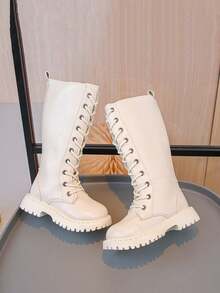 Girls Boots 2025 Autumn New Kids High-Top Boots Mid-Calf Casual Long Boots Non-Slip Flat Princess Boots Side Zipper Motorcycle Boots School Student Leather Boots - Beige - View 5