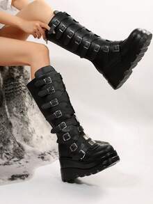 Women's Goth Platform Knee High Boots Fashion Metal Buckle Wedges High Heels Round Toe Zip Punk Combat Boots - Đen A - Xem 5