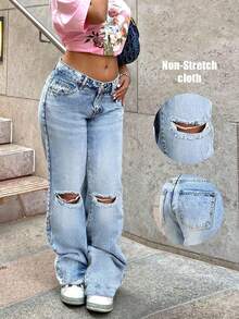 Women's Autumn Clothing Daily Match: Ripped Washed And Bleached Loose Straight Jeans
