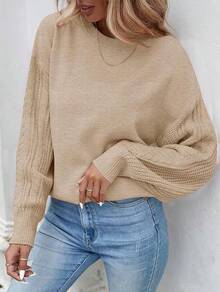 Women's 2025 Fall Long Sleeve Crew Neck Solid Color Knit Chunky Casual Oversized Pullover Sweater Tops - 麥片 - 查看 2