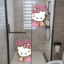 Sanrio 1 Set Creative Hello Kitty Waterproof Bathroom Glass Door Stickers, Bubble-Free 50cm Door Decal + Home Decor Stickers, Classic Fashionable Cute Cartoon "GOODLUCK" Blessing Decorative Stickers