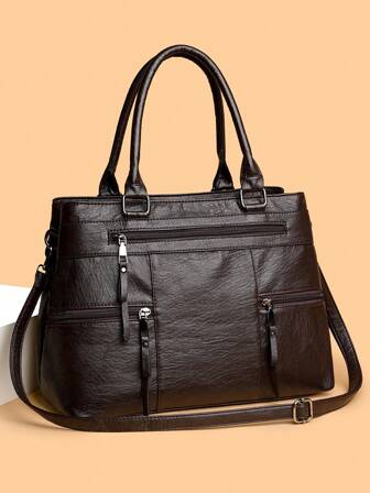 1pc Women's Retro Coffee Color Tote Bag, Large Capacity With Multiple Zipper Pockets, Waterproof PU Leather Dual Handle Shoulder Bag, Suitable For Vacation, Travel, Shopping, Business