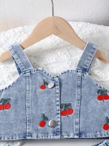 2pcs Young Girl Retro Cherry Embroidery Sleeveless Denim Tank Top And Denim Pleated Skirt Set, Summer