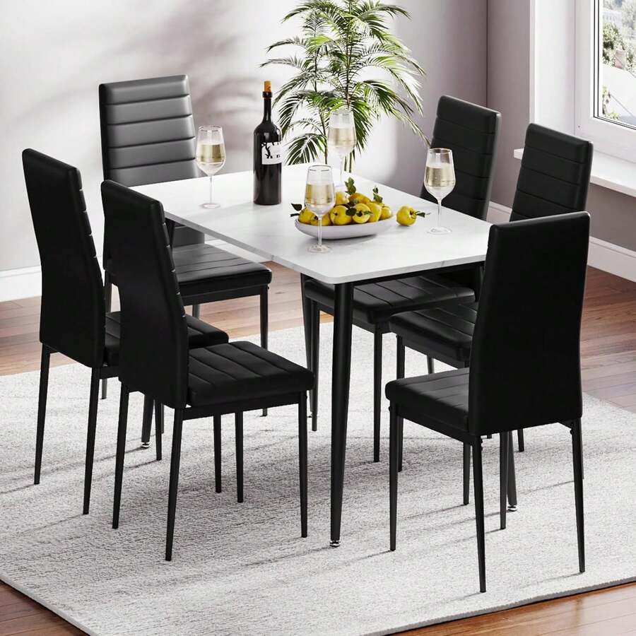 Dining Table And Chairs Set Of 6, 120CM Marble Effect Dining Table With 6 Faux Leather High Back Dining Chairs,Modern Dining Table Set For Home/Kitchen Office