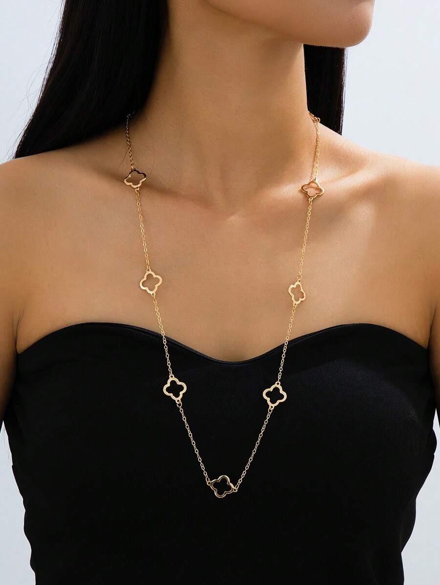 1 pieza Collar de metal dorado minimalista y versátil con trébol hueco largo para mujeres