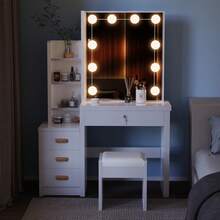 Dressing Table With Mirror And Lighting, Makeup Dressing Tables With 4 Drawers, 4 Open Shelves For Bedroom, Dressing Table Set With Lights And Stool 3 Concealed Shelves - White - View 5