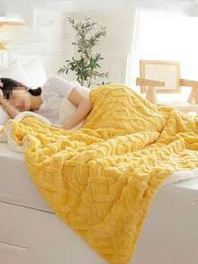 1 件黄色涤纶夏尔巴双面毛毯，纯色波浪图案双层毛毯，适合所有季节，温暖柔软，简约时尚床毯，适用于卧室、沙发、办公室、沙发床 - 黃色 - 查看 2