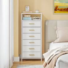 Hzuaneri Mesita de Noche, Mesita Auxiliar con 6 Cajones de Tela y Compartimento Abierto, Mesa Lateral de Sofá de Moderna, para Dormitorio y Sala de Estar, 30 x 40 x 96 cm, Blanco