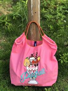 1 件时尚百搭刺绣手提包，冰淇淋图案，轻便通勤尼龙可折叠购物袋 - 彩色 - 查看 4