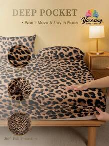 2/3件套棕色经典豹纹床上用品套装（1件床笠+1/2件枕套），床垫保护套，情人节床垫罩，柔软透气，适用于单人床、双人床、大号床、特大号床，深口袋设计，最大可达11.8英寸，适合宿舍使用 - 摩卡棕 - 查看 2