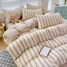 4 件套简约条纹印花羽绒被套装（1 个羽绒被套、1 个床单、2 个枕套、无填充物），简约卧室床上用品套装，可水洗，万圣节礼物 - 彩色 - 查看 2