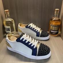 Red Sole Sneakers With Rivets Men, Casual Versatile Lace-Up Shoes - White Counter Version - View 2