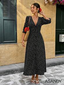 Women's Deep V-Neck Polka Dot Mid-Sleeve Button Front Casual Dress - Black - View 6