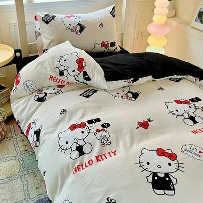 SANRIO Cute Print 2/3pcs Bedding Set - Hello Kitty/Kuromi/Cinnamoroll/Pochacco (1pc Duvet Cover + 1/2pc Pillowcase, No Filling) Cartoon Full Size, Soft & Comfortable, Suitable For Dorm, Home Bedroom, Hotel, All Seasons, With Zipper Closure And Pillowcase, Multi-Color , Oversized Bedding, Oversized Duvet Cover Set