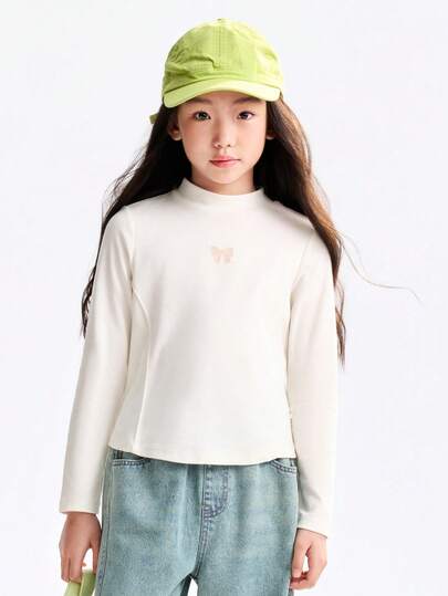 Annil Abbigliamento per bambini, ragazze, bambini di età media e giovani, adolescenti, maglione lavorato a maglia con collo medio e maniche lunghe, maglietta corta e fresca come strato base, maglietta rosa con stampa, autunno