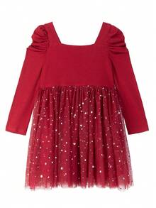 Children Girls Party Dress Solid Color Long Sleeve Performance Wedding Mesh Princess Sweet Mesh Medium Length Tight Dress Tulle Dress Autumn And Winter 2-7 Years Old Red - Burgundy - View 2